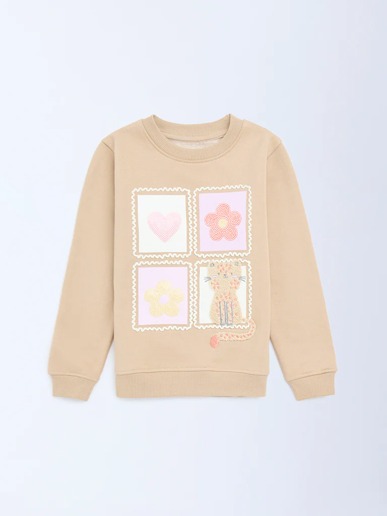 HOP Kids Girls Beige Embroidered Cotton-Blend Sweatshirt - Image 3