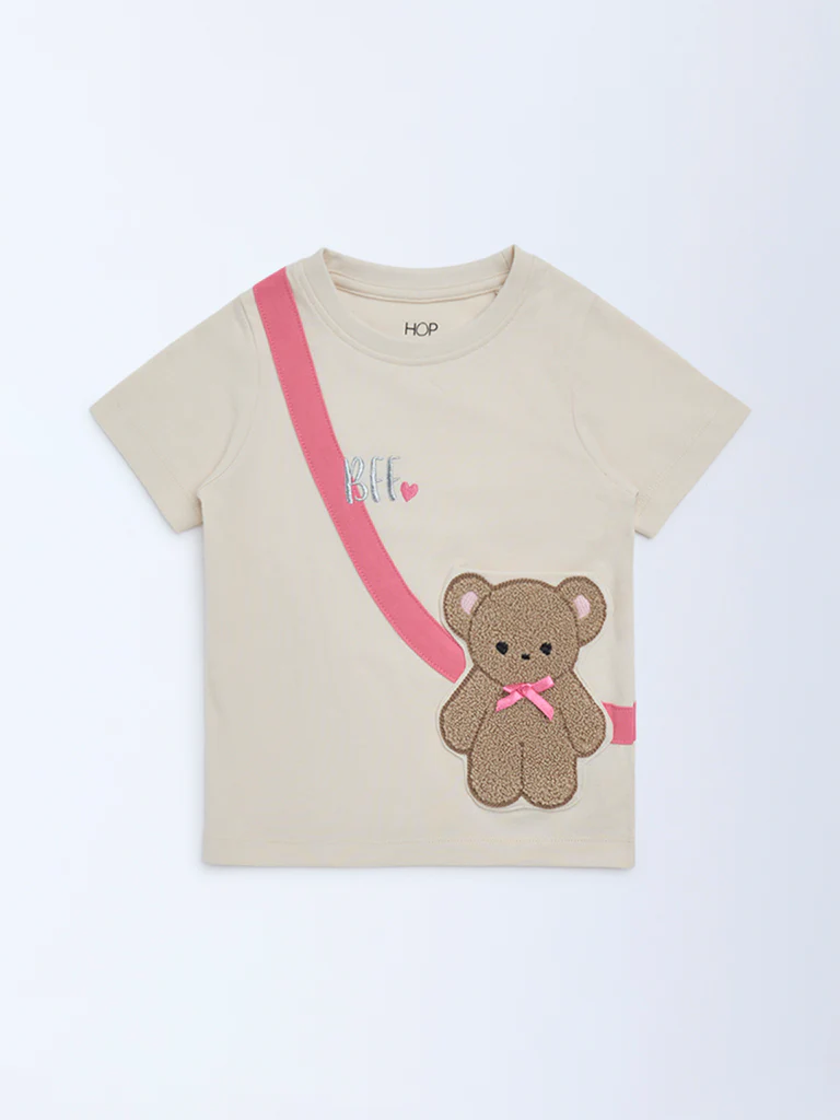 HOP Kids Girls Beige Embroidered Cotton T-Shirt - Image 3