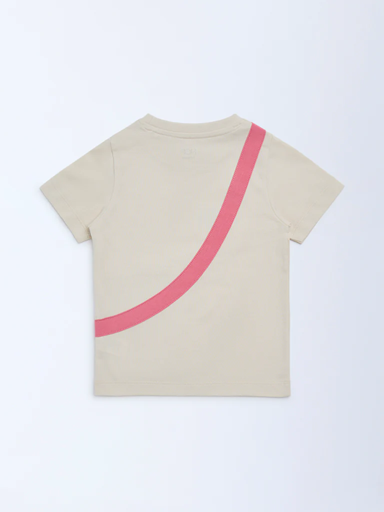 HOP Kids Girls Beige Embroidered Cotton T-Shirt - Image 4