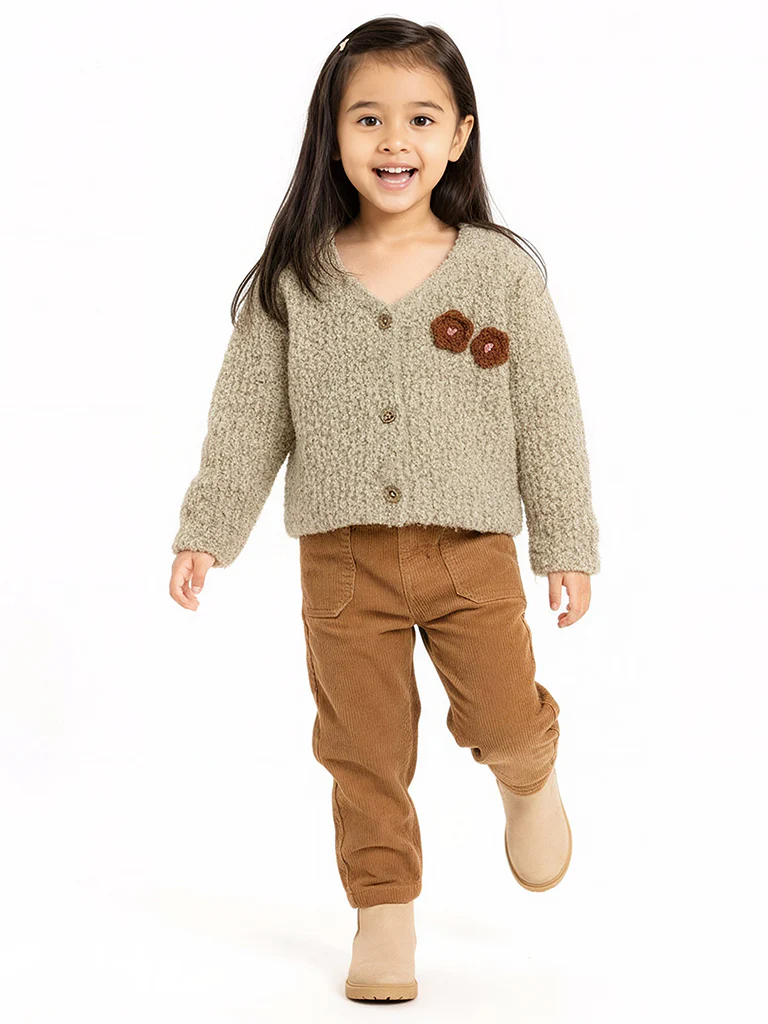 HOP Kids Girls Beige Floral Detailed Fleece Cardigan
