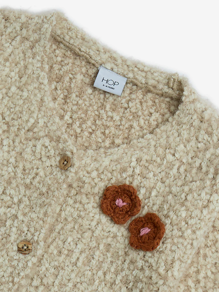 HOP Kids Girls Beige Floral Detailed Fleece Cardigan - Image 5