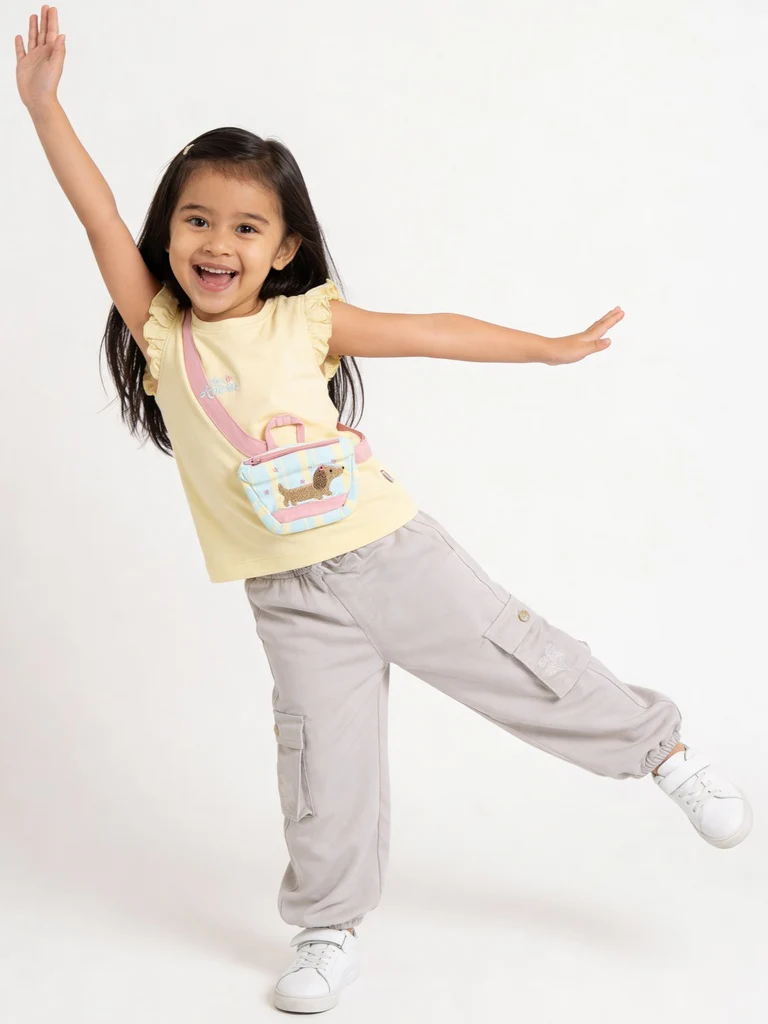 HOP Kids Girls Beige Floral Embroidered Cargo Trousers
