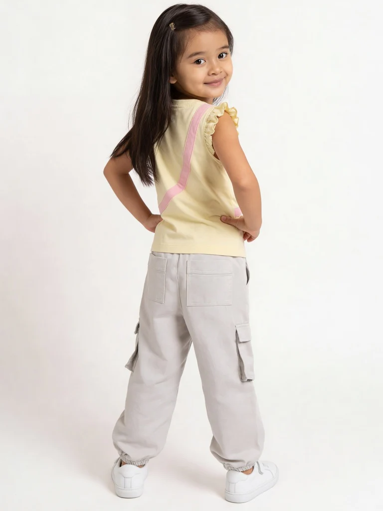 HOP Kids Girls Beige Floral Embroidered Cargo Trousers - Image 2