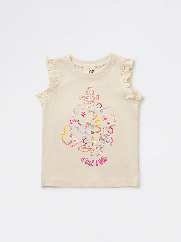 HOP Kids Girls Beige Floral Embroidered Cotton Top - Image 4