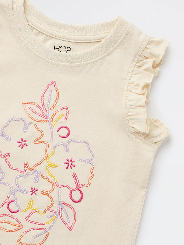 HOP Kids Girls Beige Floral Embroidered Cotton Top - Image 6