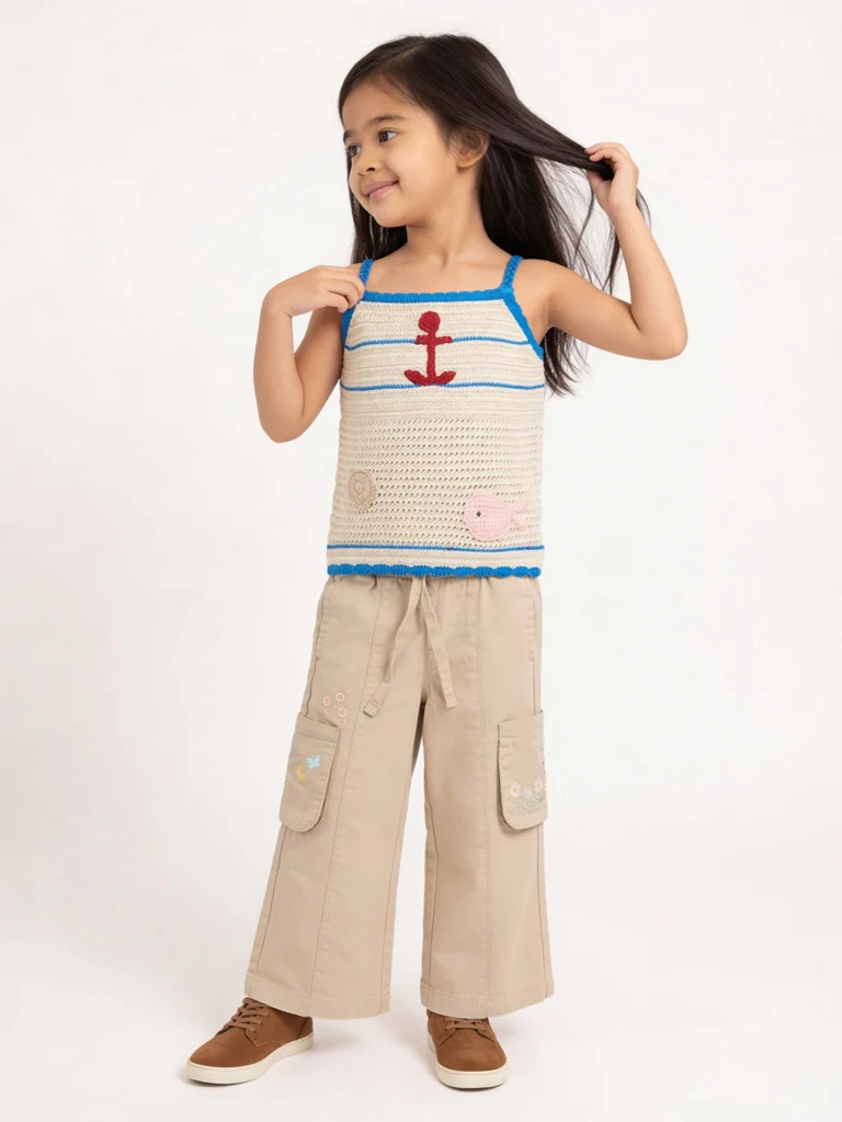HOP Kids Girls Beige Floral Embroidered High-Rise Cotton Pants