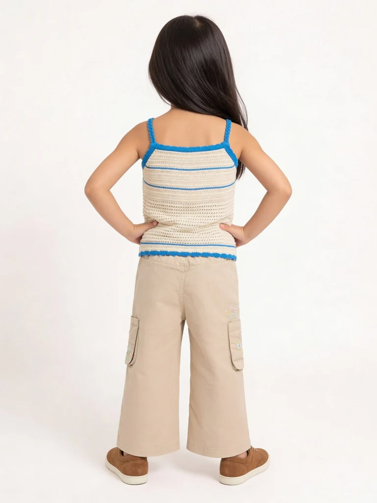 HOP Kids Girls Beige Floral Embroidered High-Rise Cotton Pants - Image 3