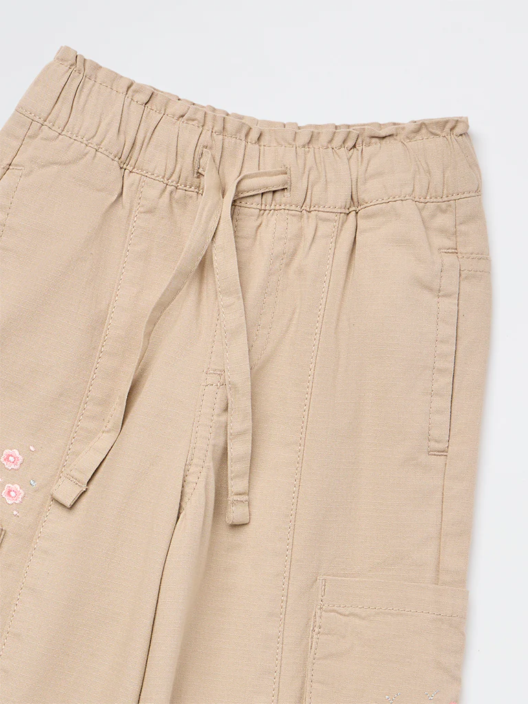 HOP Kids Girls Beige Floral Embroidered High-Rise Cotton Pants - Image 6