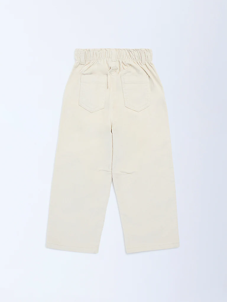 HOP Kids Girls Beige Floral Printed High-Rise Corduroy Trousers - Image 4