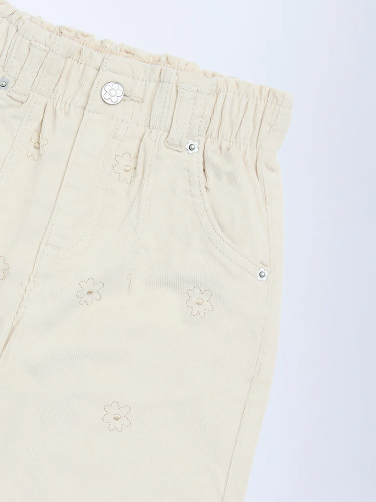 HOP Kids Girls Beige Floral Printed High-Rise Corduroy Trousers - Image 5