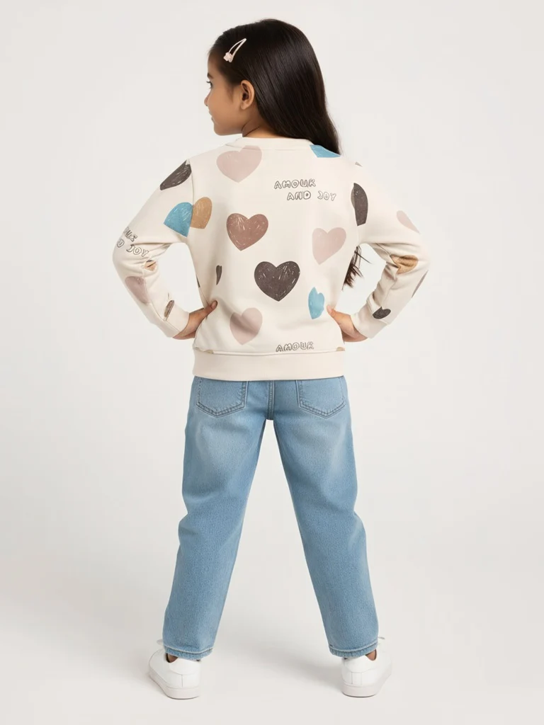 HOP Kids Girls Beige Heart Printed Cotton-Blend Sweatshirt - Image 3