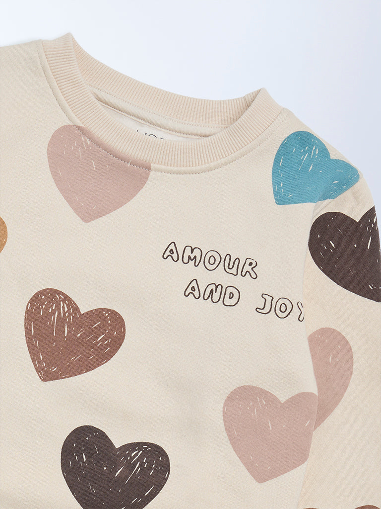 HOP Kids Girls Beige Heart Printed Cotton-Blend Sweatshirt - Image 6