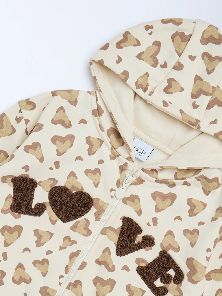 HOP Kids Girls Beige Printed Cotton-Blend Hoodie - Image 6