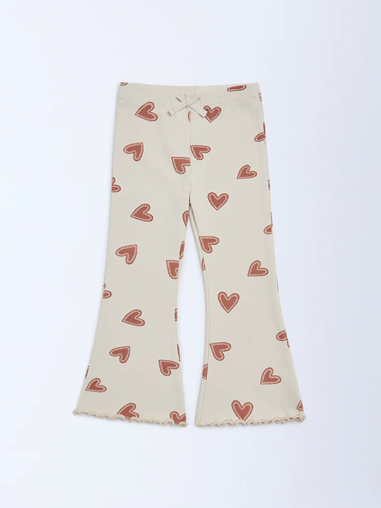 HOP Kids Girls Beige Printed High-Rise Cotton-Blend Flare Leggings - Image 4