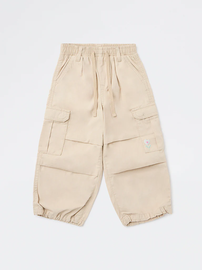 HOP Kids Girls Beige Solid High-Rise Cotton Joggers - Image 3