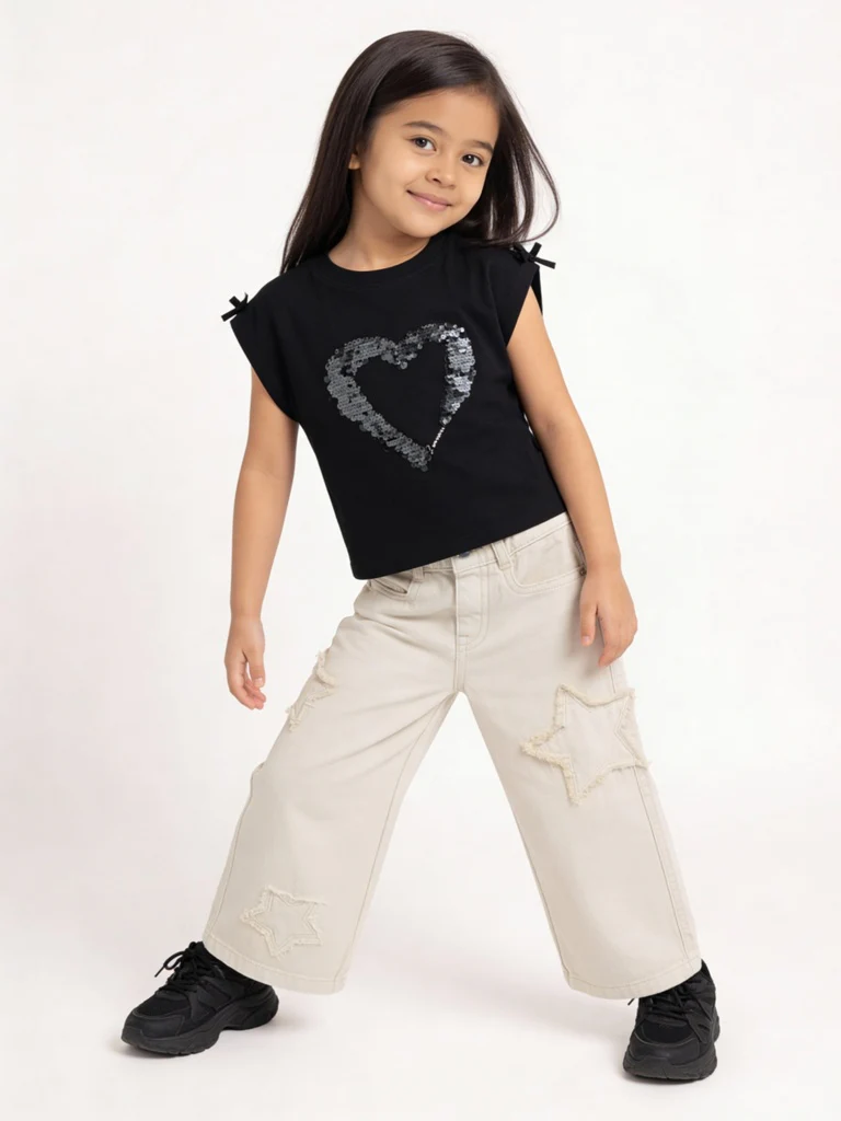HOP Kids Girls Black Embellished Cotton T-Shirt