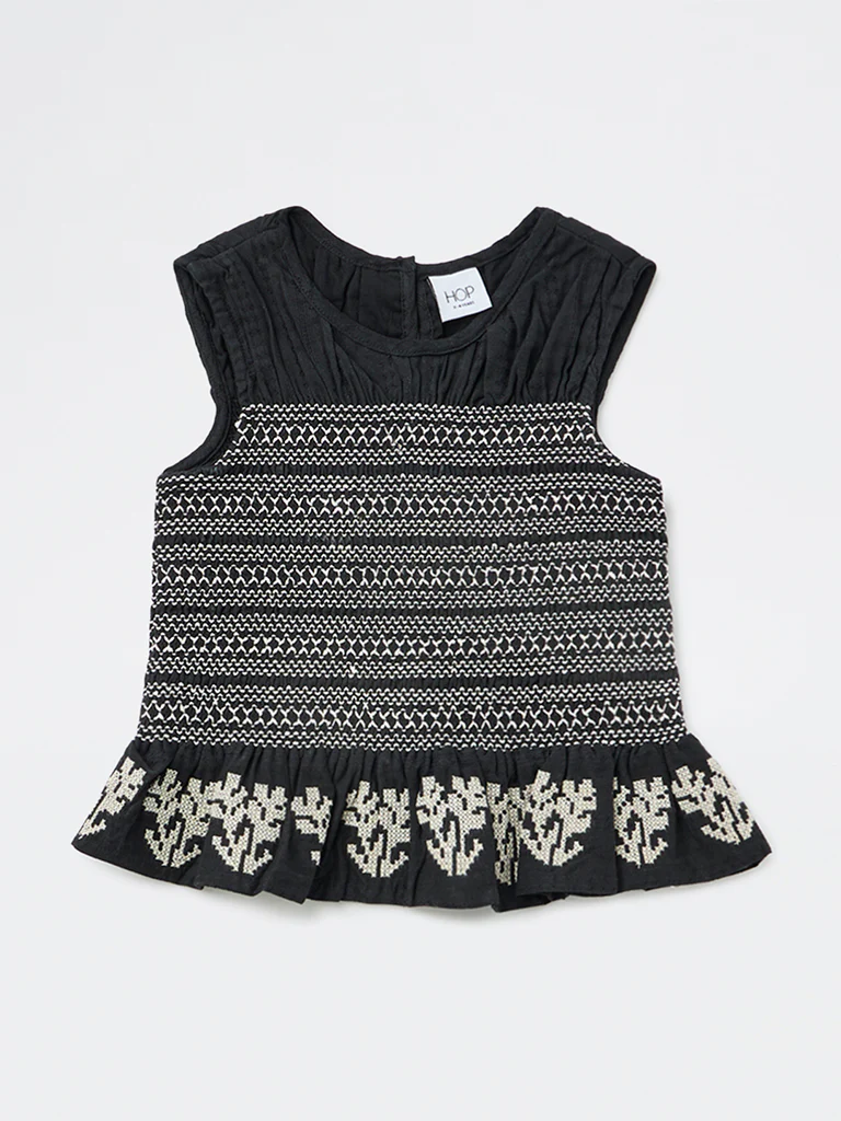 HOP Kids Girls Black Embroidered Smocked Cotton Top - Image 3