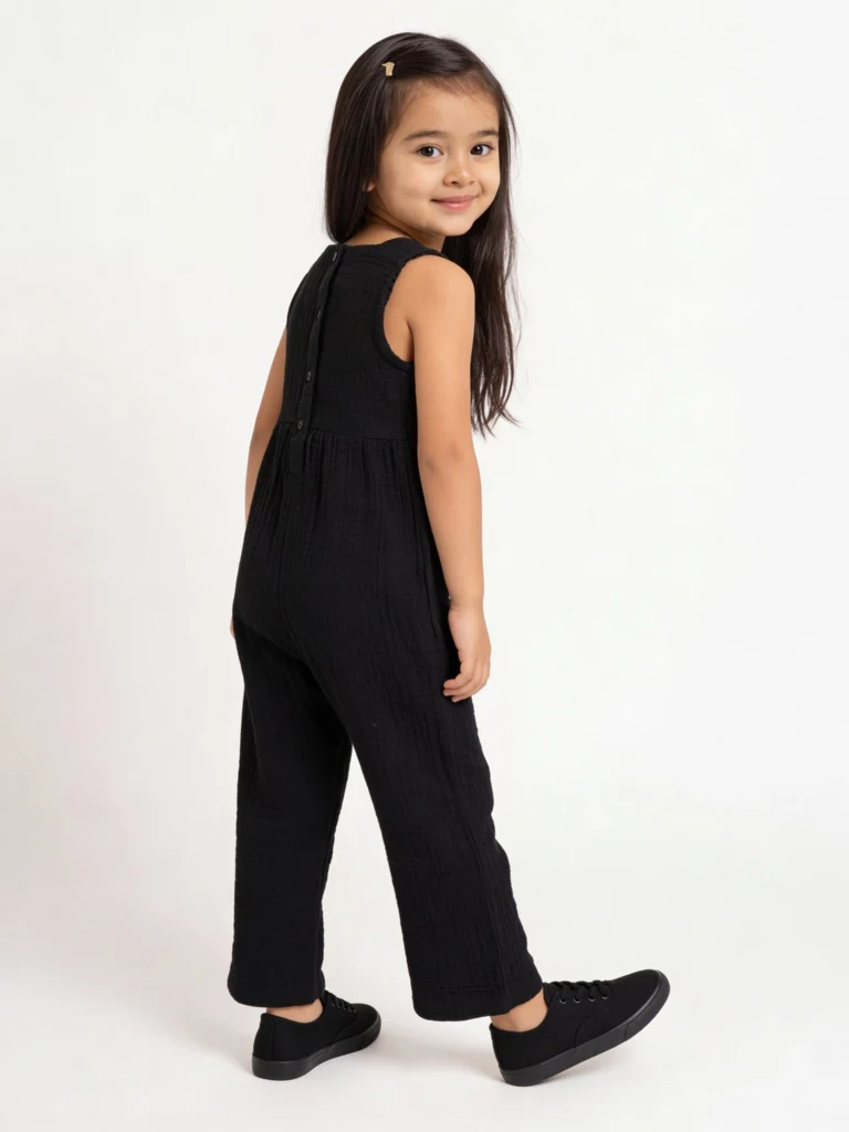HOP Kids Girls Black Floral Appliqué Cotton Jumpsuit - Image 2