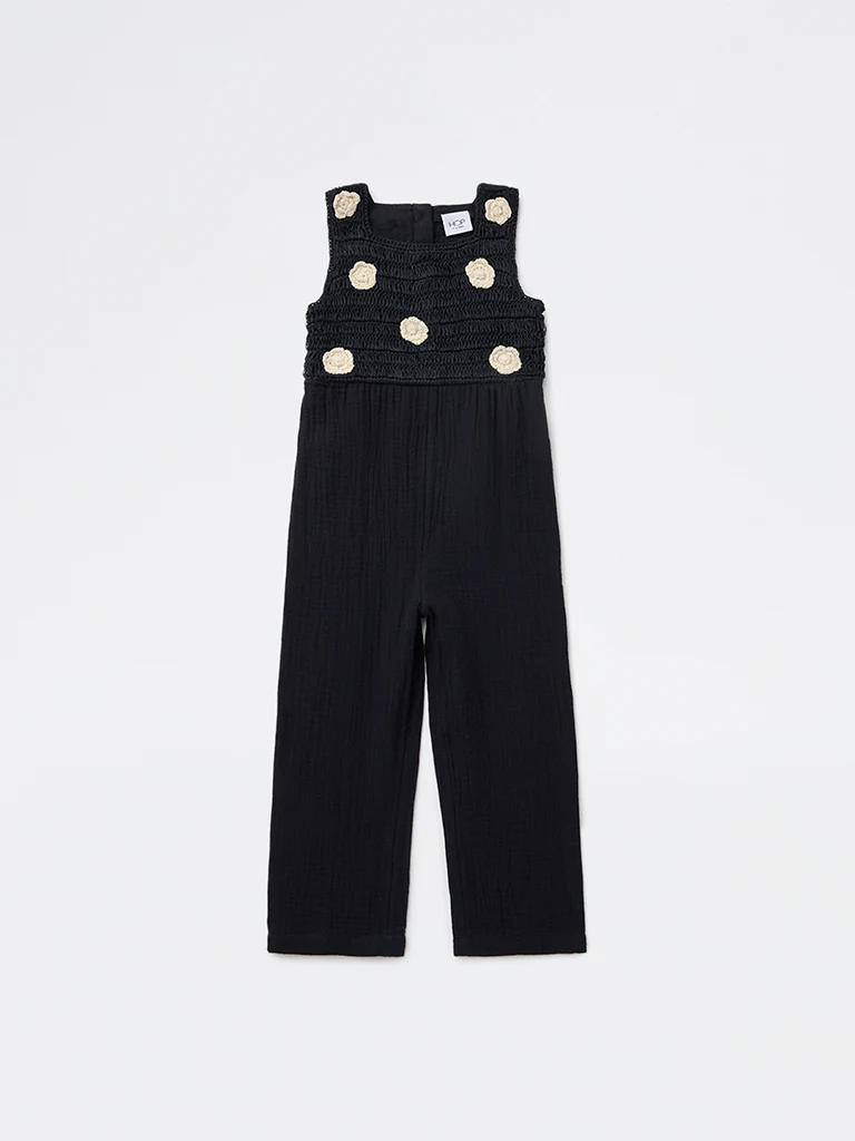 HOP Kids Girls Black Floral Appliqué Cotton Jumpsuit - Image 3
