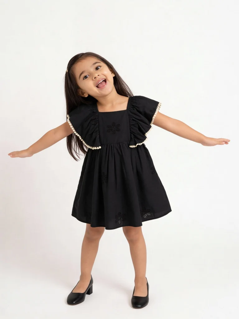 HOP Kids Girls Black Floral Embroidered A-Line Cotton Dress