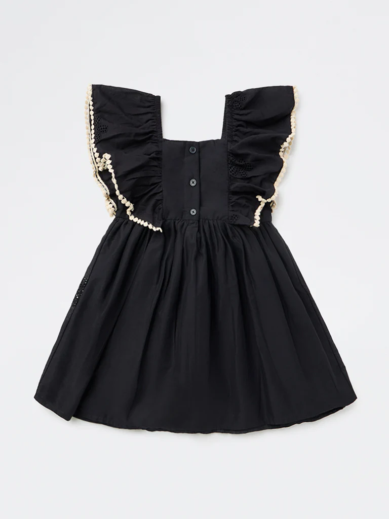 HOP Kids Girls Black Floral Embroidered A-Line Cotton Dress - Image 4
