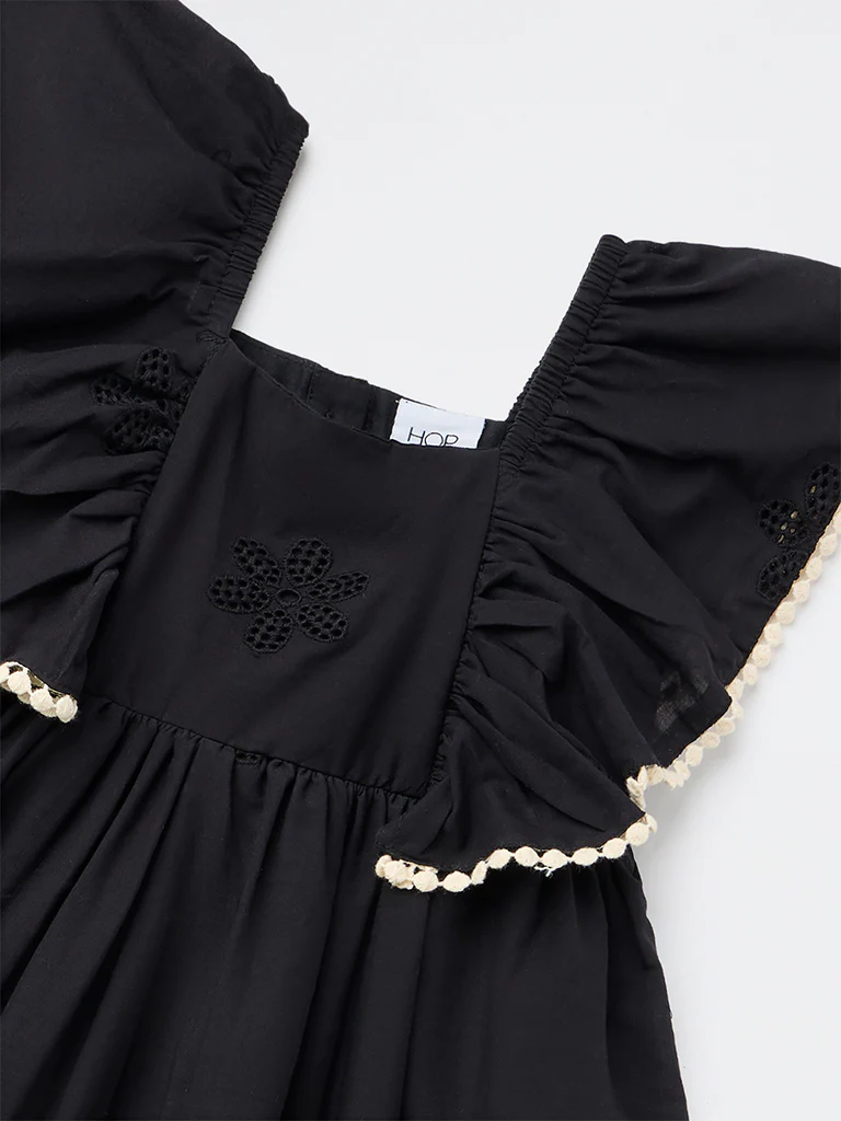 HOP Kids Girls Black Floral Embroidered A-Line Cotton Dress - Image 5