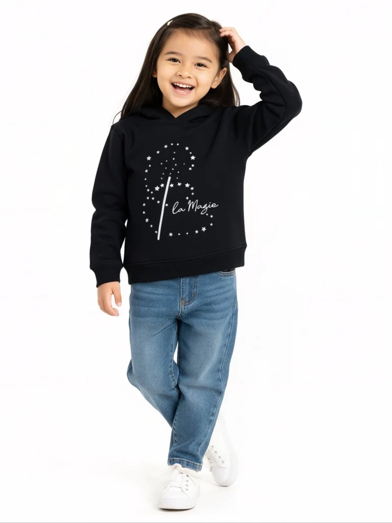 HOP Kids Girls Black Printed Cotton-Blend Hoodie