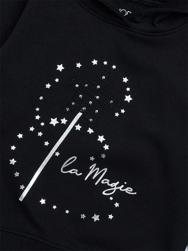 HOP Kids Girls Black Printed Cotton-Blend Hoodie - Image 5