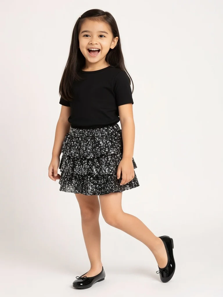 HOP Kids Girls Black Sequin Embellished High-Rise Tiered Skirt