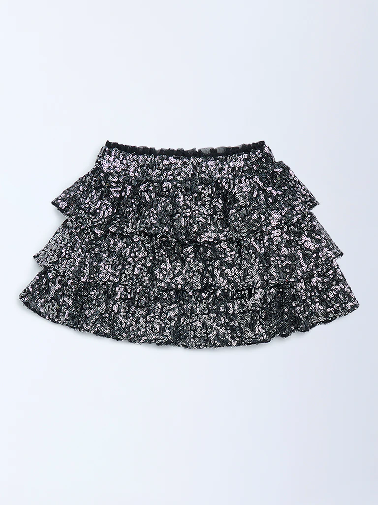 HOP Kids Girls Black Sequin Embellished High-Rise Tiered Skirt - Image 3