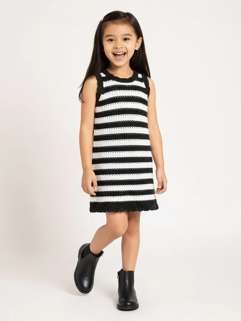HOP Kids Girls Black Striped Knit-Textured A-Line Dress