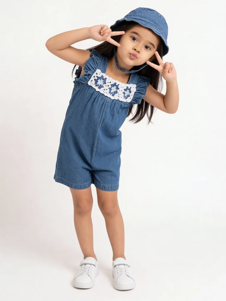HOP Kids Girls Blue Crochet Denim Jumpsuit with Hat