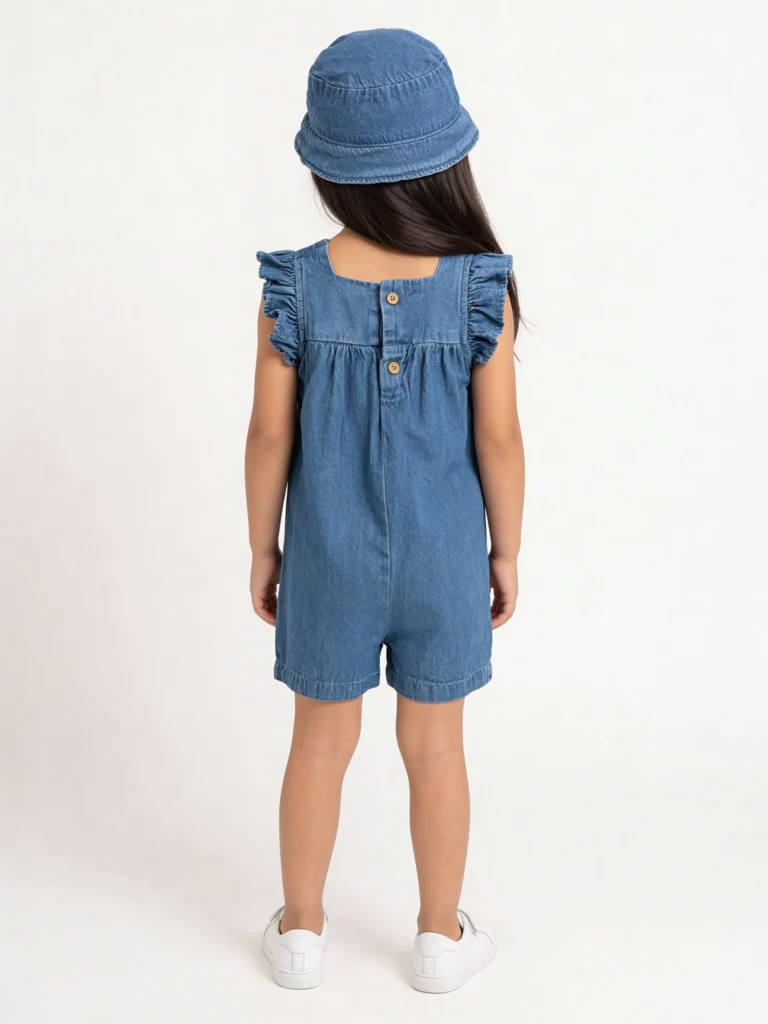 HOP Kids Girls Blue Crochet Denim Jumpsuit with Hat - Image 2