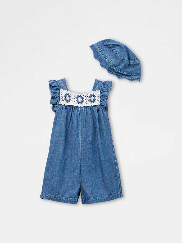 HOP Kids Girls Blue Crochet Denim Jumpsuit with Hat - Image 3