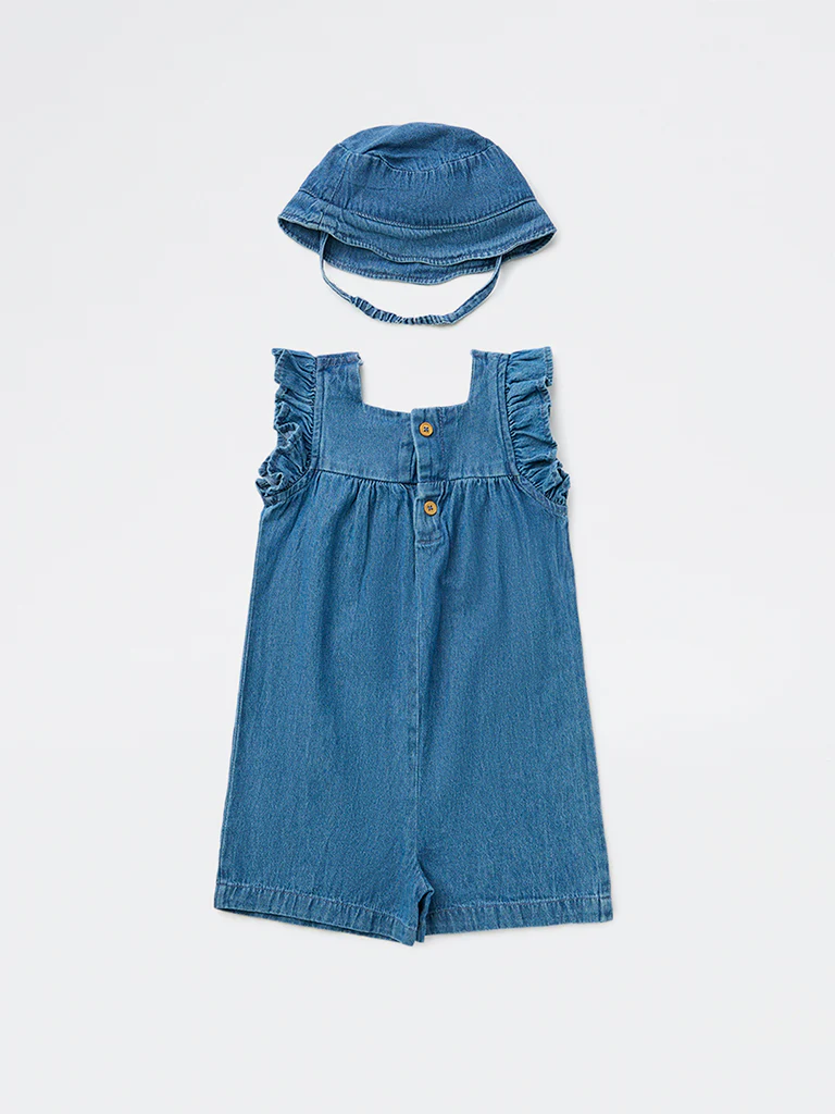 HOP Kids Girls Blue Crochet Denim Jumpsuit with Hat - Image 4
