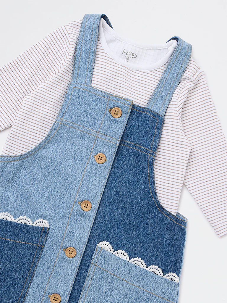HOP Kids Girls Blue Denim Pinafore and T-Shirt Set - Image 3