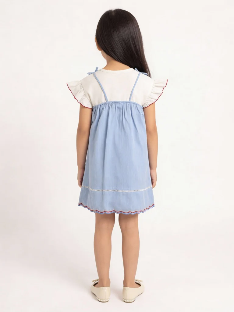 HOP Kids Girls Blue Embroidered Cotton Dress and T-Shirt Set - Image 2