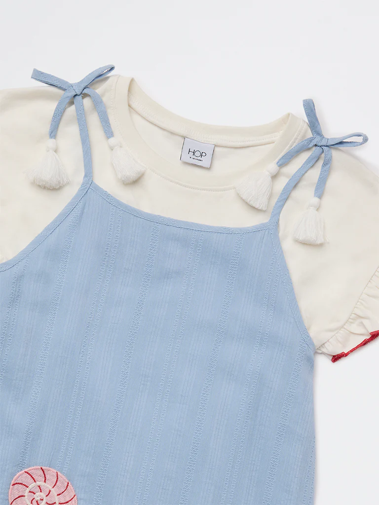 HOP Kids Girls Blue Embroidered Cotton Dress and T-Shirt Set - Image 5
