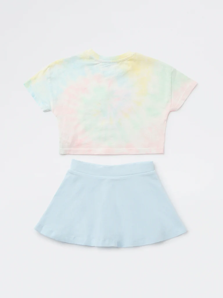 HOP Kids Girls Blue Embroidered Cotton T-Shirt and Skirt Set - Image 4