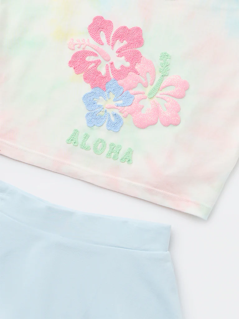 HOP Kids Girls Blue Embroidered Cotton T-Shirt and Skirt Set - Image 5