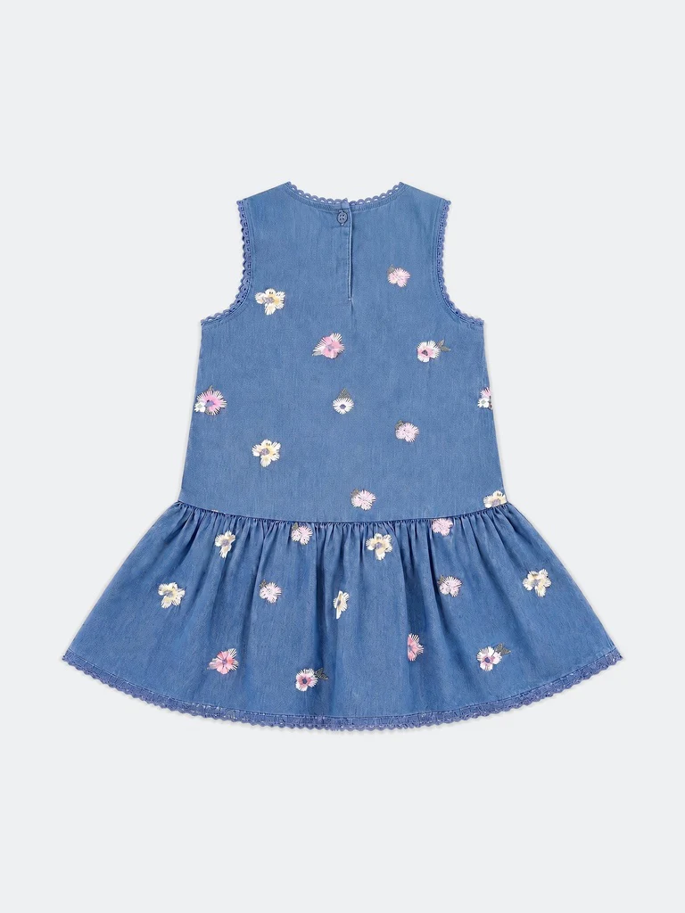 HOP Kids Girls Blue Embroidered Denim Dress - Image 4