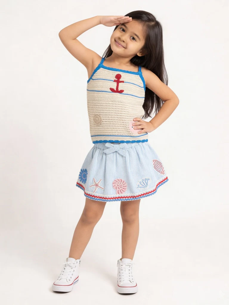 HOP Kids Girls Blue Embroidered High-Rise Cotton Skirt