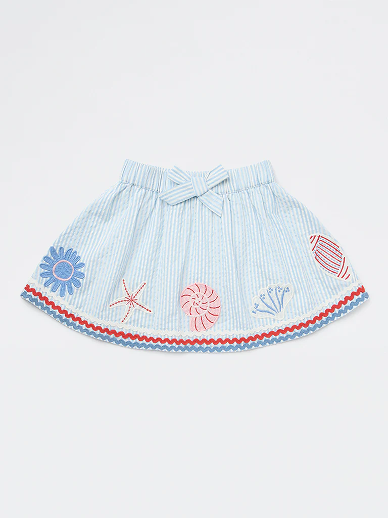 HOP Kids Girls Blue Embroidered High-Rise Cotton Skirt - Image 3