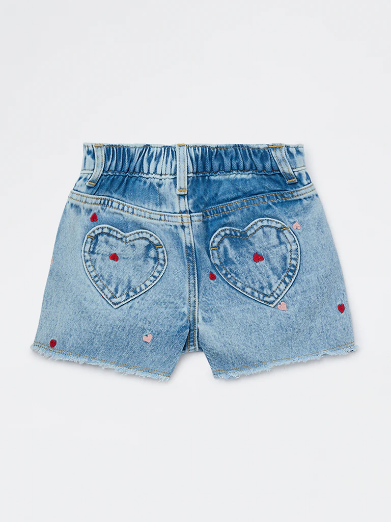 HOP Kids Girls Blue Embroidered High-Rise Denim Shorts - Image 4