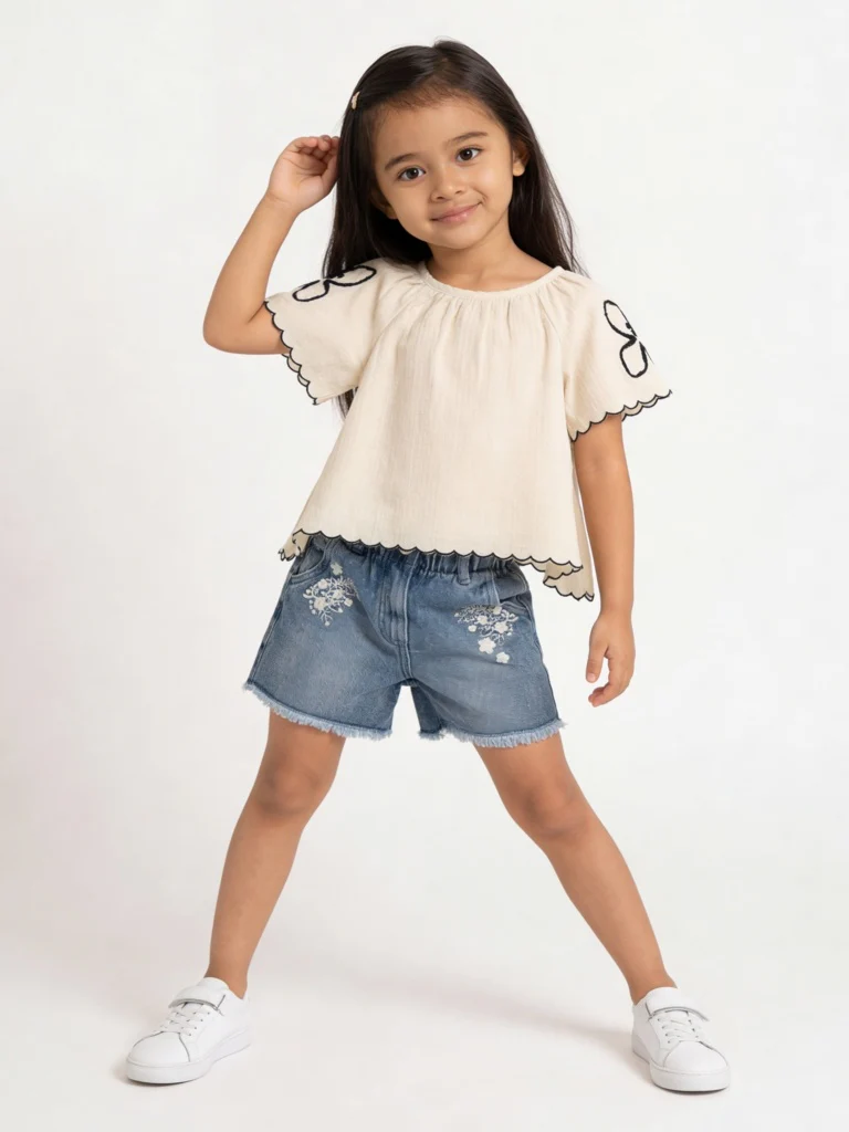 HOP Kids Girls Blue Embroidered High-Rise Denim Shorts