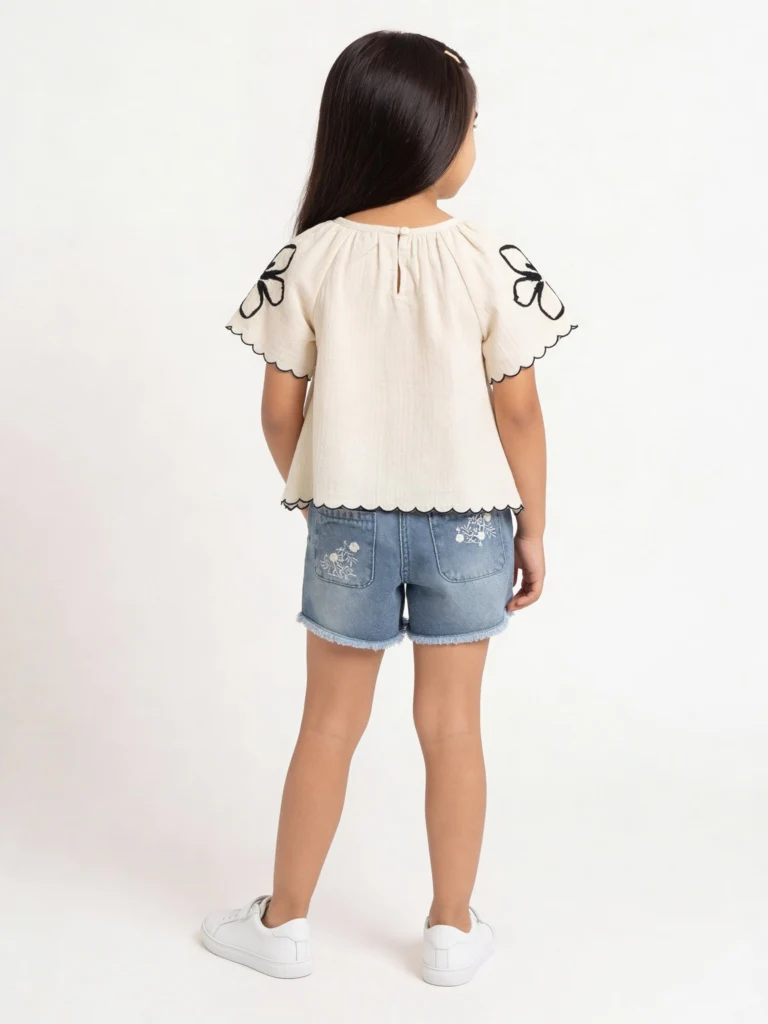 HOP Kids Girls Blue Embroidered High-Rise Denim Shorts - Image 2