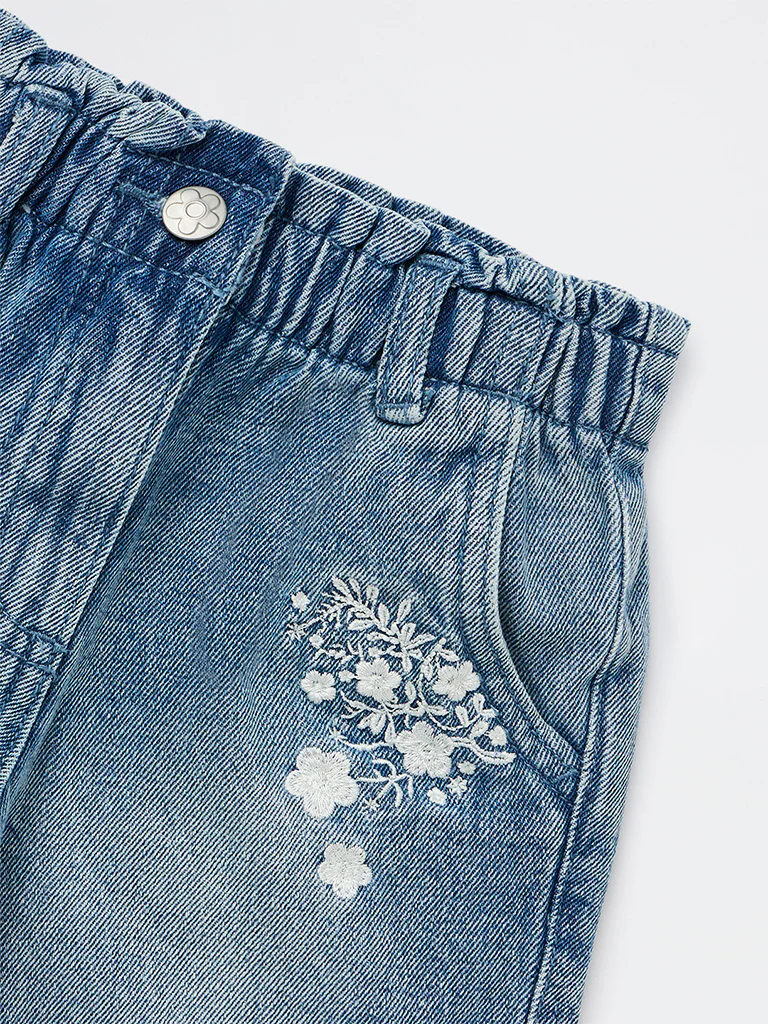 HOP Kids Girls Blue Embroidered High-Rise Denim Shorts - Image 5