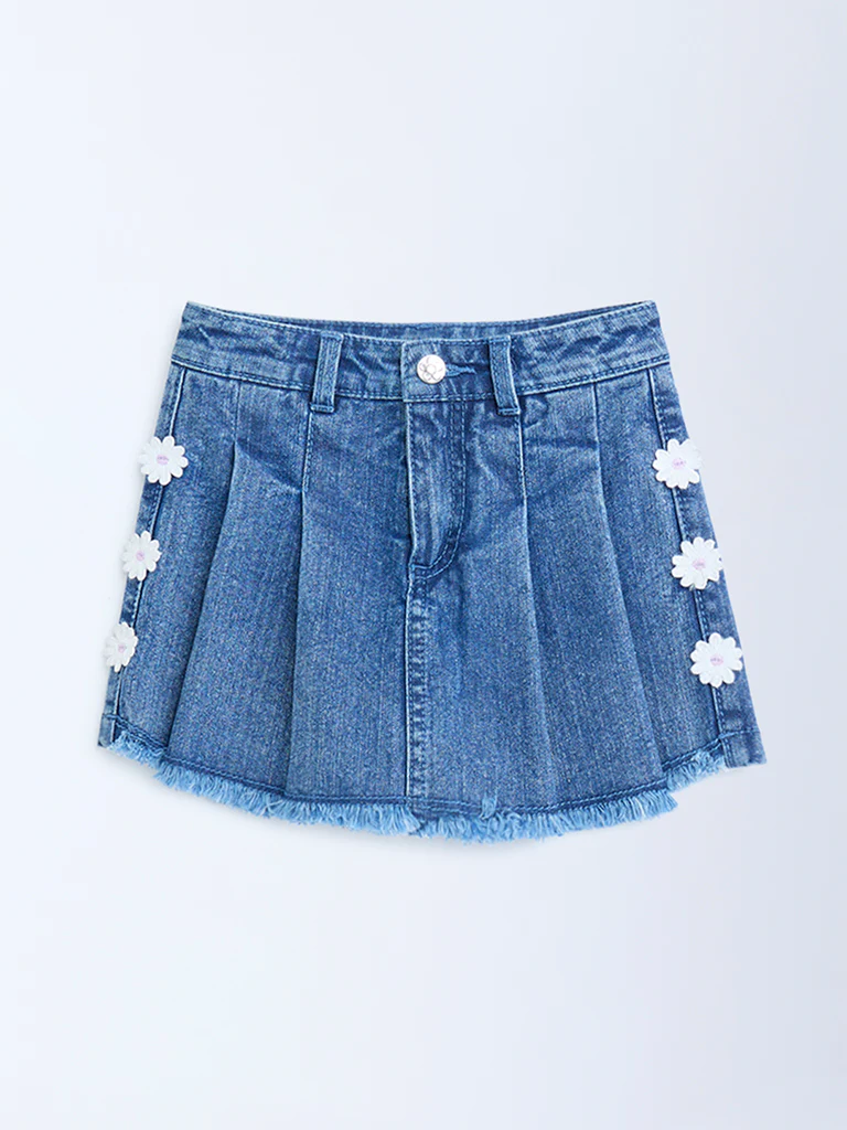 HOP Kids Girls Blue Floral Applique High-Rise Denim Skorts - Image 2