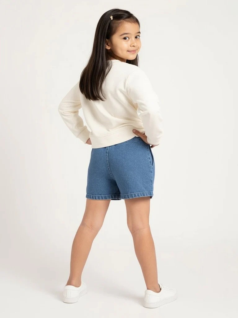 HOP Kids Girls Blue Floral Applique High-Rise Denim Skorts - Image 5