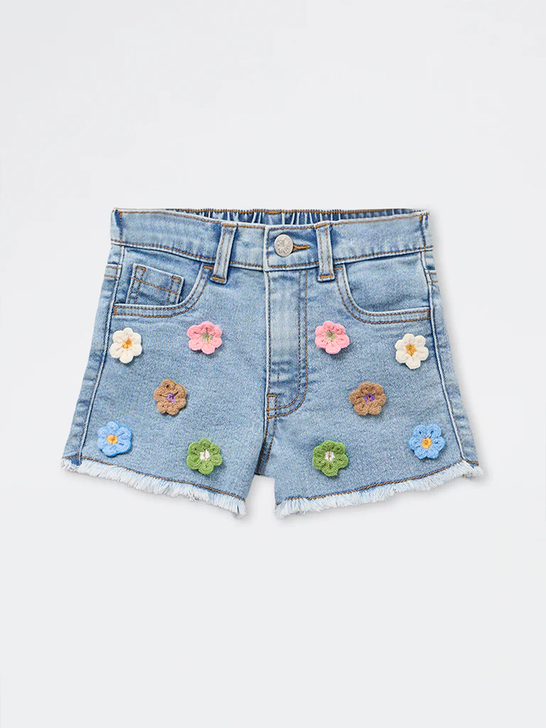 HOP Kids Girls Blue Floral High-Rise Denim Shorts - Image 3